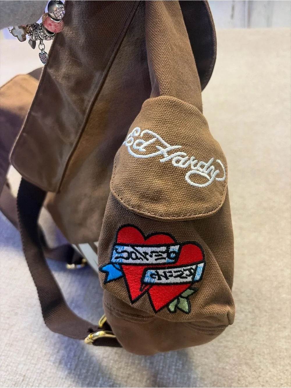Ed Hardy Brown Canvas Skull & Tattoo Backpack